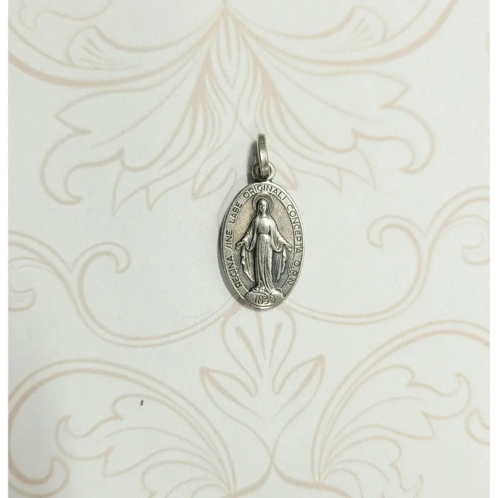 Vintage European 800 Silver Miraculous Medal Virgin Mary Religious Pendant